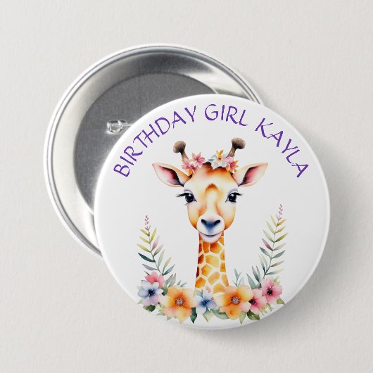 Baby Giraffe in Blume Girl's Birthday Party Button (Vorne & Hinten)