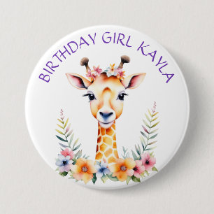Baby Giraffe in Blume Girl's Birthday Party Button