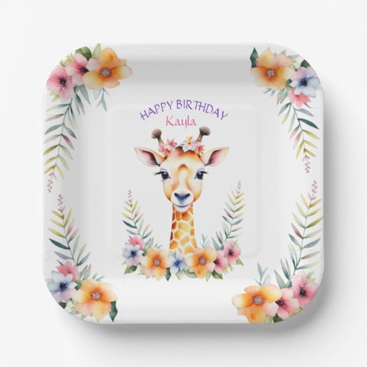 Baby Giraffe in Blume Girl's Birthday Party Pappteller (Vorderseite)