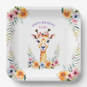 Baby Giraffe in Blume Girl's Birthday Party Pappteller