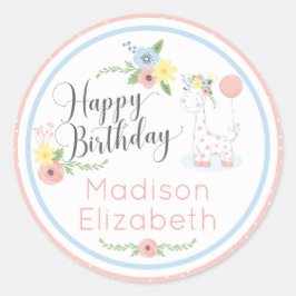Baby Giraffe Pink Floral Happy 1. Geburtstag Party Runder Aufkleber