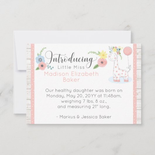 Baby Giraffe Rustic Floral Baby Geburtsankündigung Ankündigung (Vorderseite)