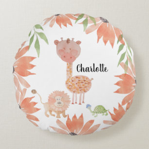 Baby Giraffe Watercolor Handgemalt Mit Monogramm Rundes Kissen