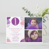 Baby Girl 1. Geburtstag 2 Foto Party Einladung (Stehend Vorderseite)