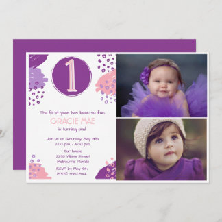 Baby Girl 1. Geburtstag 2 Foto Party Einladung