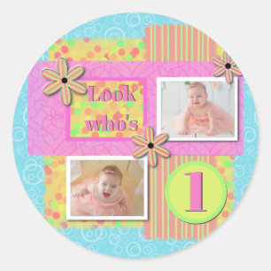 Baby Girl 1. Geburtstag Pink & Gelb Scrapbooking Runder Aufkleber