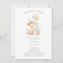 Baby Girl 1st Birthday highland cow Einladung