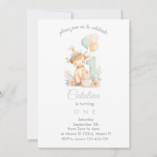 Baby Girl 1st Birthday highland cow Einladung