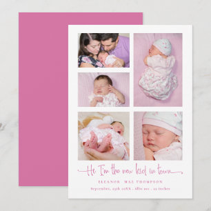 Baby Girl 5 Foto Collage Pink Script Geburt Ankündigung