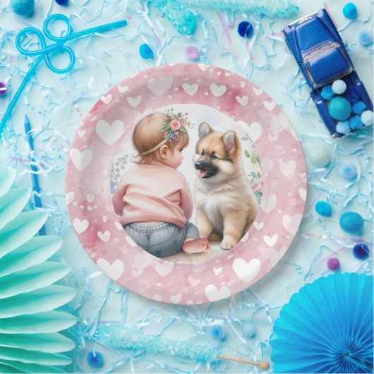 Baby Girl and Puppy Pink Baby Dusche Pappteller (Party)