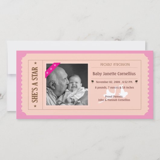 Baby Girl Announcation - Movie Ticket Style Ankündigung (Vorderseite)