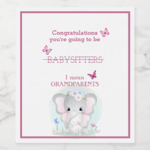 Baby Girl Announcement Elephants Butterflies Weinetikett