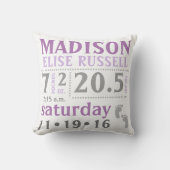 Baby Girl Announcement Pillow Lila Grau Kissen (Vorderseite)