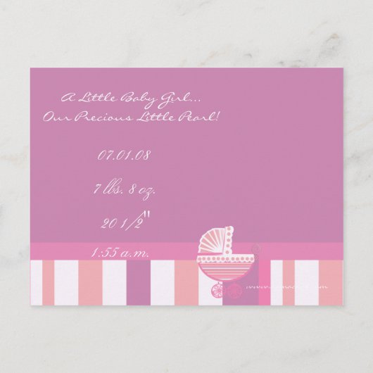 Baby Girl Announcement - Pink Baby Buggy Ankündigungspostkarte (Rückseite)