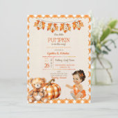 Baby Girl Autumn Kariert Teddy Bear Pumpkin Blätte Einladung (Stehend Vorderseite)