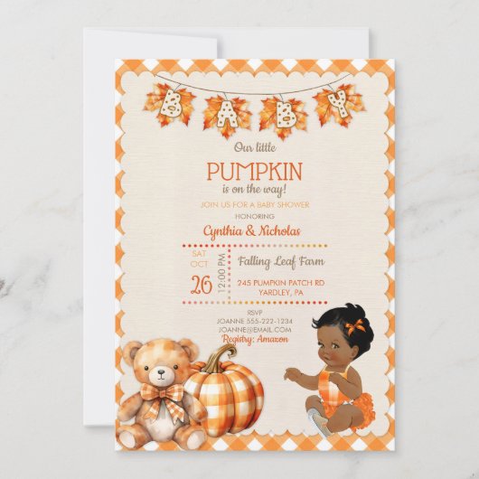 Baby Girl Autumn Kariert Teddy Bear Pumpkin Blätte Einladung (Vorderseite)