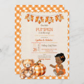 Baby Girl Autumn Kariert Teddy Bear Pumpkin Blätte Einladung (Vorne/Hinten)