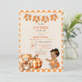 Baby Girl Autumn Kariert Teddy Bear Pumpkin Blätte Einladung (Stehend Vorderseite)