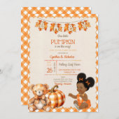 Baby Girl Autumn Kariert Teddy Bear Pumpkin Blätte Einladung (Vorne/Hinten)