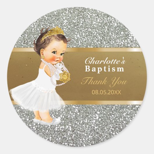 Baby Girl Baptisc Vielen Dank | Gold Silver Runder Aufkleber (Vorderseite)
