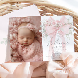 Baby Girl Baptism Photo Floral Eucalyptus Bow Einladung