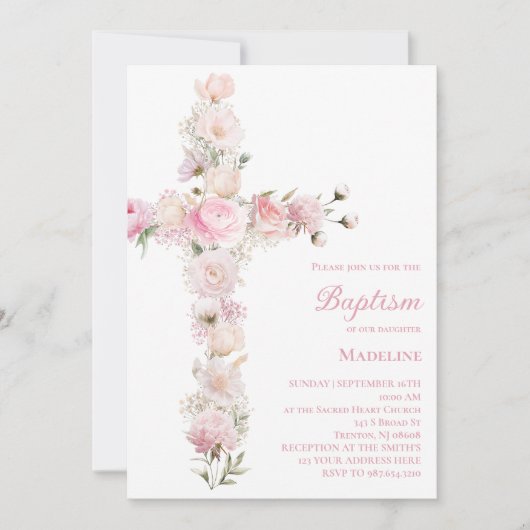 baby girl Baptism pink floral cross Einladung (Vorderseite)