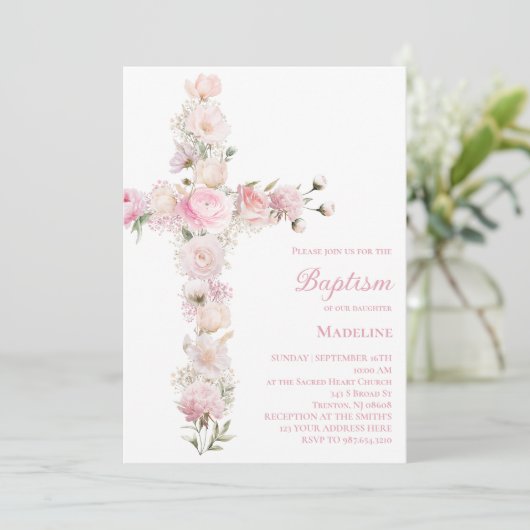 baby girl Baptism pink floral cross Einladung (Stehend Vorderseite)
