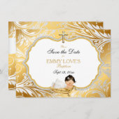 Baby Girl Baptisse Rett Date Gold Cross Save The Date (Vorne/Hinten)