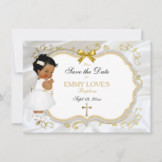 Baby Girl Baptisse Rett Date White Gold Cross Save The Date (Vorderseite)