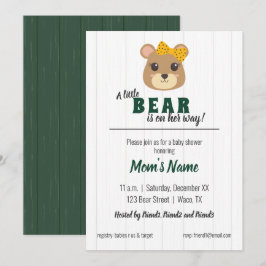 Baby Girl Bear Green & Gold Baby Dusche Einladung