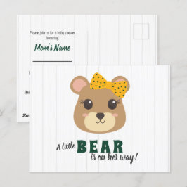 Baby Girl Bear Green & Gold Baby Dusche Einladung Postkarte