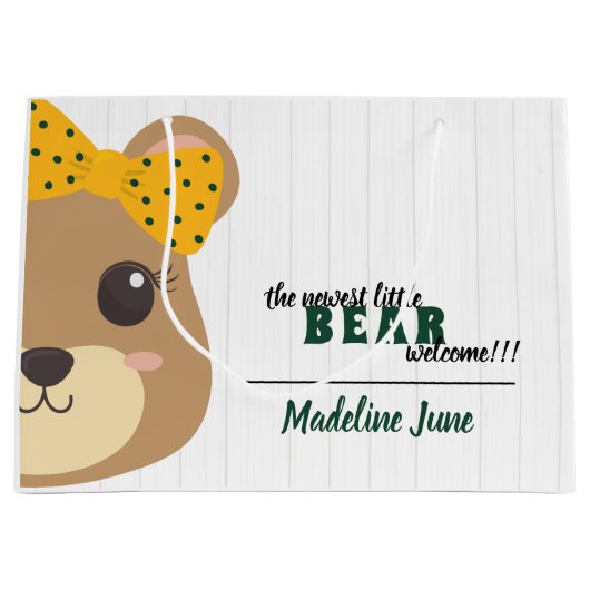 Baby Girl Bear Green & Gold Große Geschenktüte (Vorderseite)