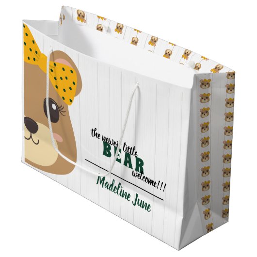 Baby Girl Bear Green & Gold Große Geschenktüte (Vorderseite Schrägansicht)