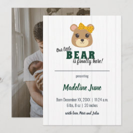 Baby Girl Bear Green & Gold Vertical Baby Ankündigung