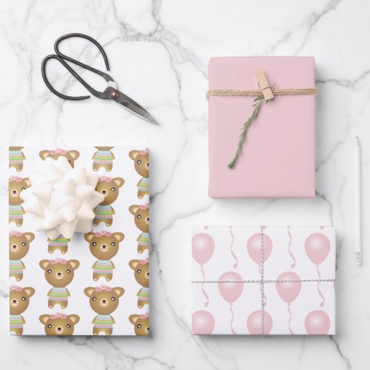 Baby Girl Bear mit Balloons Geschenkpapier Set (Vorderseite)