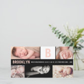 Baby Girl Big Pink Initial 5 Foto Collage Birth Ankündigung (Stehend Vorderseite)