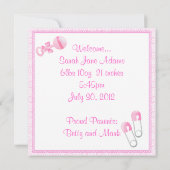 Baby Girl Birth Ankündigung (Rückseite)