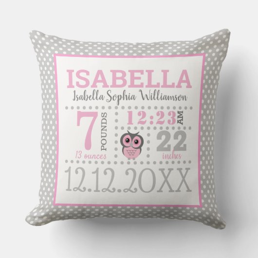 Baby Girl Birth Ankündigung Kissen (Vorderseite)