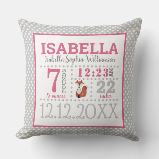 Baby Girl Birth Ankündigung Kissen (Vorderseite)