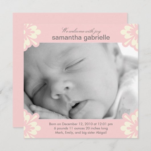 Baby Girl Birth Announcement - Blumenecken Ankündigung (Vorne/Hinten)
