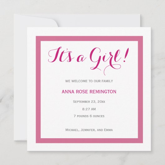 Baby Girl Birth Announcement Classic Style Pink A2 Einladung (Vorderseite)