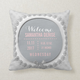 Baby Girl Birth Announcement Pink Gray Nursery Kissen