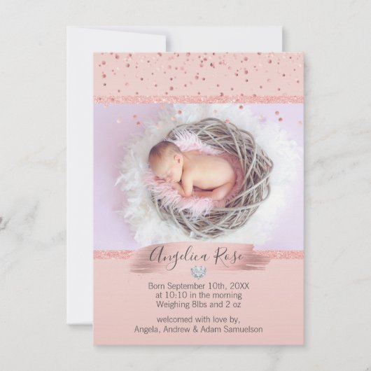 Baby Girl Birth Announcement Pink Rose | FOTO Ankündigung (Vorderseite)