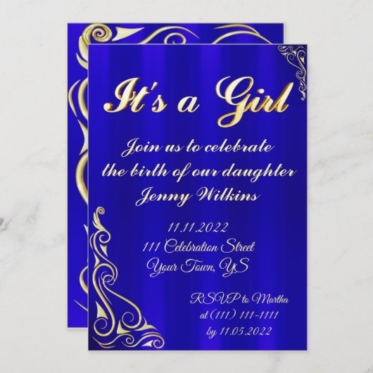Baby Girl Birth Celebration Gold und Blau Einladung (Vorne/Hinten)