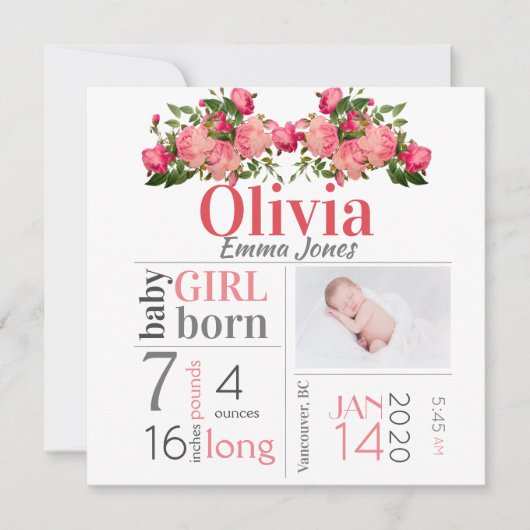 Baby Girl Birth Stat Ankündigung Pink Floral Card (Vorderseite)