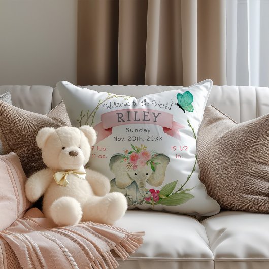 Baby Girl Birth Stats Niedlich Elephant Kissen