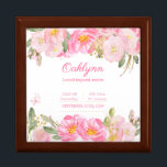 Baby Girl Birth Stats Pink Gold Floral Keepake Erinnerungskiste<br><div class="desc">Liebliche kleine Sake-Box für ein Kinderzimmer eines kleinen Mädchens. Das hübsche Blumendesign ist mit Blume in Rosa-, Gold- und Grüntönen in Aquarelltönen gestaltet. Die Vorlage ist Set für Sie, um den Namen und Geburtsdaten des Babys, einschließlich Geburtsdatum und Geburtsdatum, Gewicht und Länge hinzuzufügen. Sie können auch Ihren eigenen Text hinzufügen...</div>