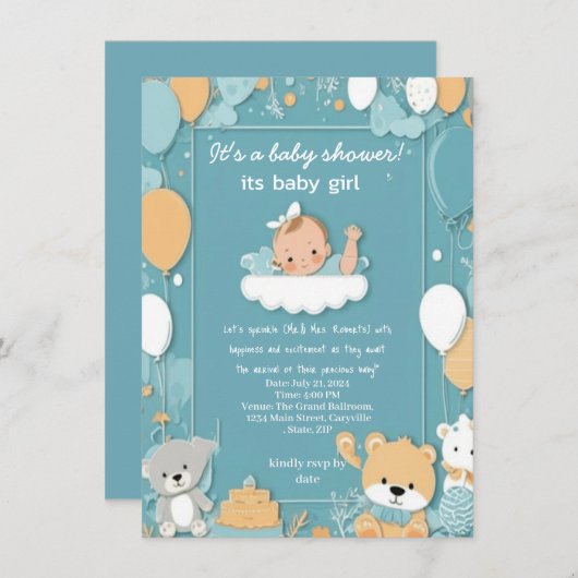 Baby Girl Blue Baloons feiern Babydusche Einladung (Vorne/Hinten)