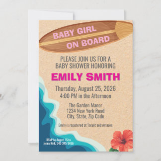 Baby-Girl-Board-Surfboard-Baby-Shower-Einladung Einladung