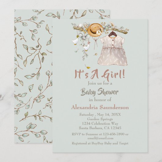 Baby Girl Boho Greenery Rustic Einladung (Vorne/Hinten)